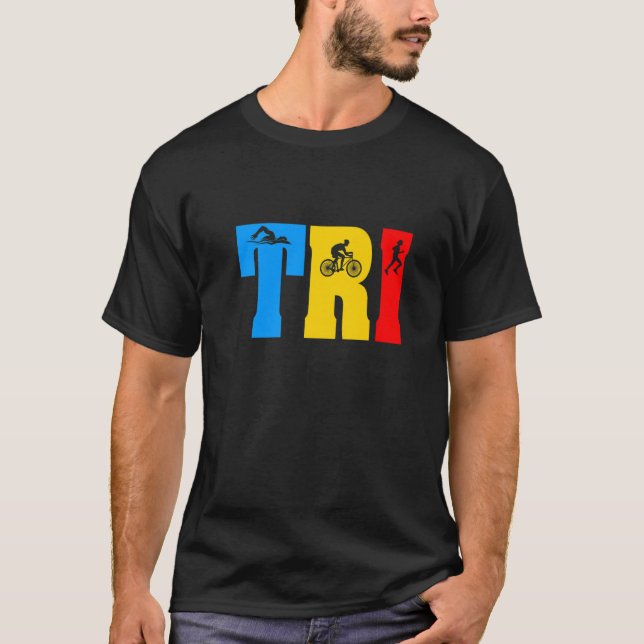 T-shirt Retro Swim Bike Run Triathlon Athletic Sport Men W (Devant)