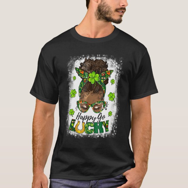 T-shirt Retro Women Happy Go Lucky Afro Messy Bun Patrick' (Devant)
