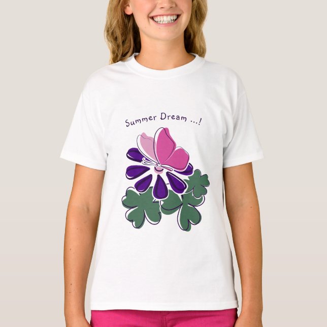 T-shirt Rêve d'été - Papillon rose violet Doodé de fleurs (Devant)