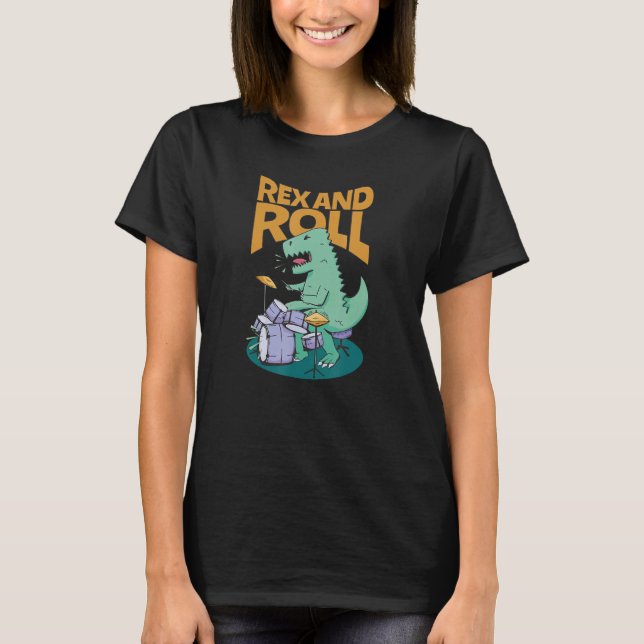 T-shirt Rex and Roll Classic Rock and Roll Drummer Jurassi (Devant)