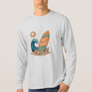 T-shirt Ride the Waves Surfboard Illustration - Long Sleev