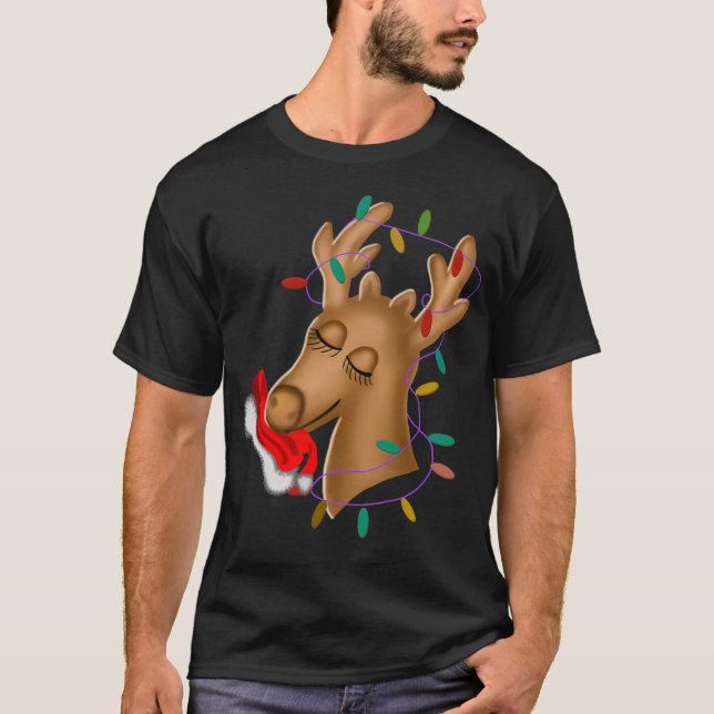 T-shirt Rinder Avec Les Lumières De Noël Et Le Casquette D (Devant)