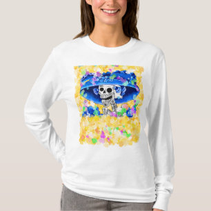 T-shirt Rire Skeleton Woman dans Yellow Bonnet