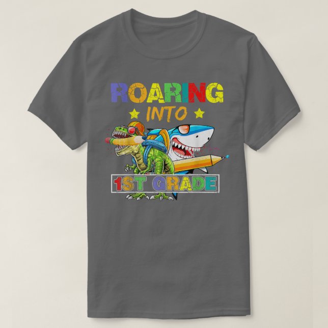 T-shirt Roaring Into 1st Grade Dinosaur Shark Back to Scho (Design devant)