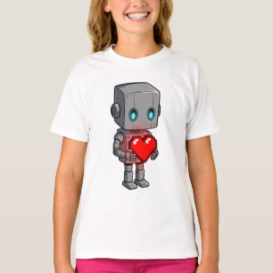 T-shirt Robot Charmeur Tenant un Cœur Pixel Enfants