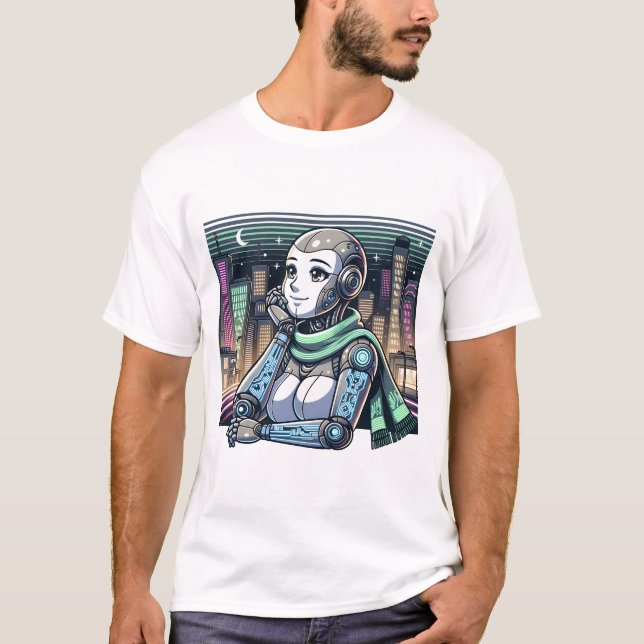 T-shirt Robot féminin portant une écharpe (Devant)