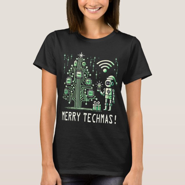 T-shirt Robot IA avec arbre de Noël Tech - Joyeux Techmas (Devant)