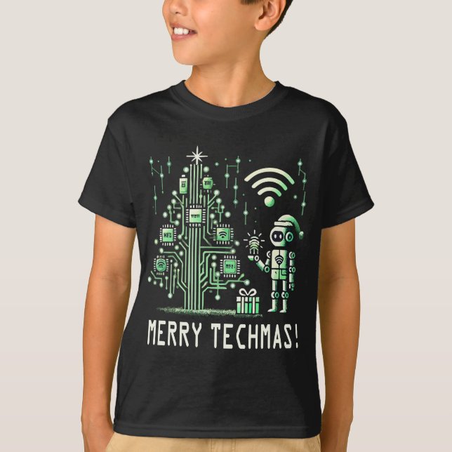 T-shirt Robot IA avec arbre de Noël Tech - Joyeux Techmas (Devant)
