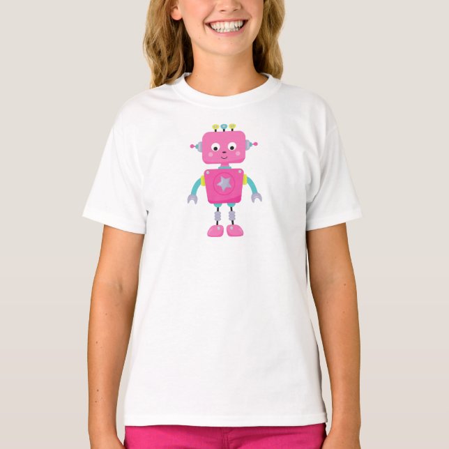 T-shirt Robot mignon, Robot drôle, Robot idiot, Robot rose (Devant)