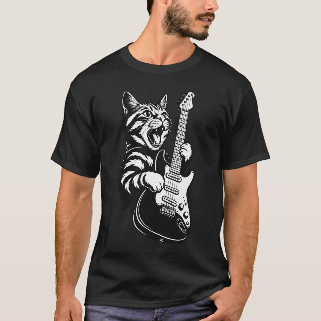 T-shirt Rock Chat Jouer Guitare électrique, Amoureux de la (Devant)