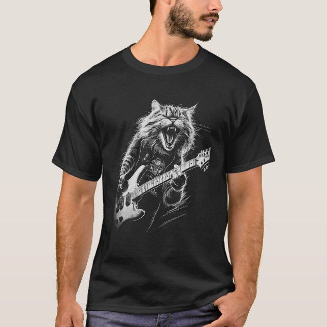 T-shirt Rock Chat Jouer Guitare Homme femme Funny Guitare  (Devant)