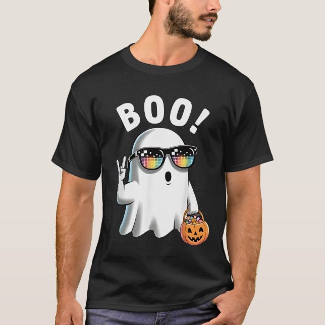 T-shirt Rock Ghost Retro Halloween Citrouille Funny Boo (Devant)