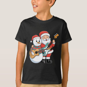 T-shirt Rock Guitare Snowman Et Père Noël Jouant De La Gui