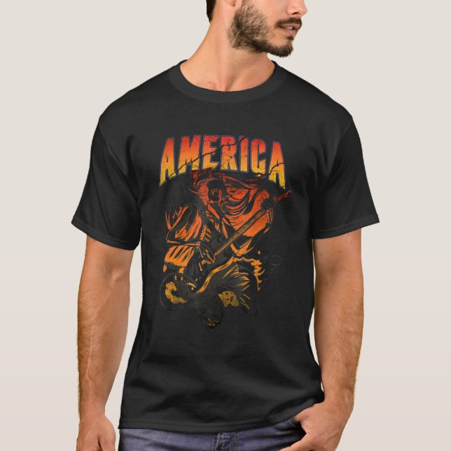 T-shirt Rock & Roll America Skeleton Guitare ROC (Devant)