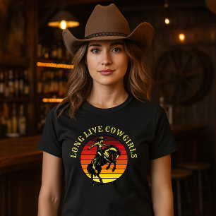 T-shirt Rodeo Cowgirl On Horse & Retro Sunset Modèle