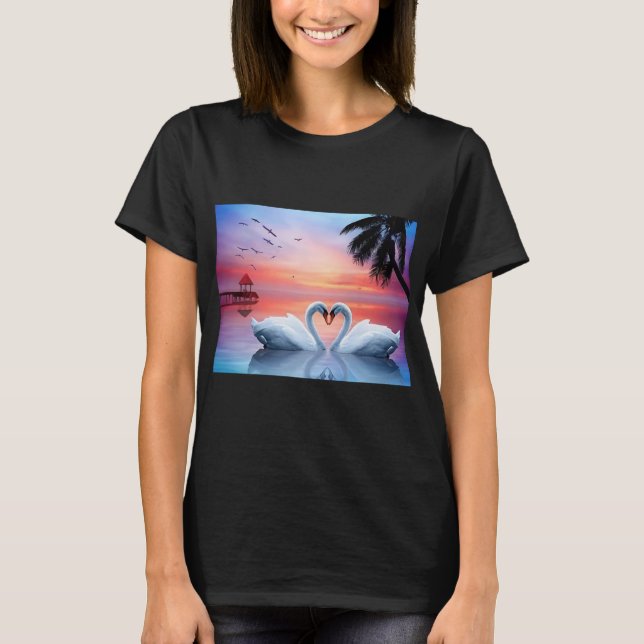 T-shirt Romantic Heart Swans Tropical Sunset Paradise (Devant)