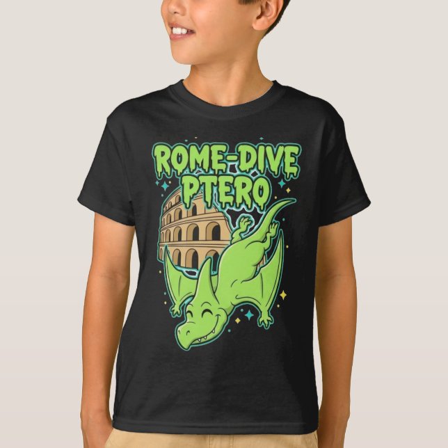 T-shirt Rome-Dive Ptero Cute Dinosaur & Colosseum Travel A (Devant)