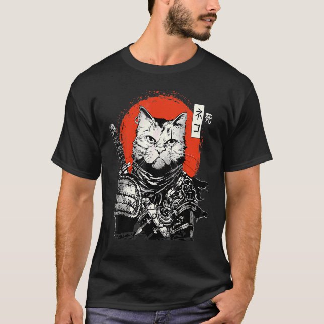 T-shirt Ronin Samurai Chat Avec Katana Et Le Soleil Levant (Devant)