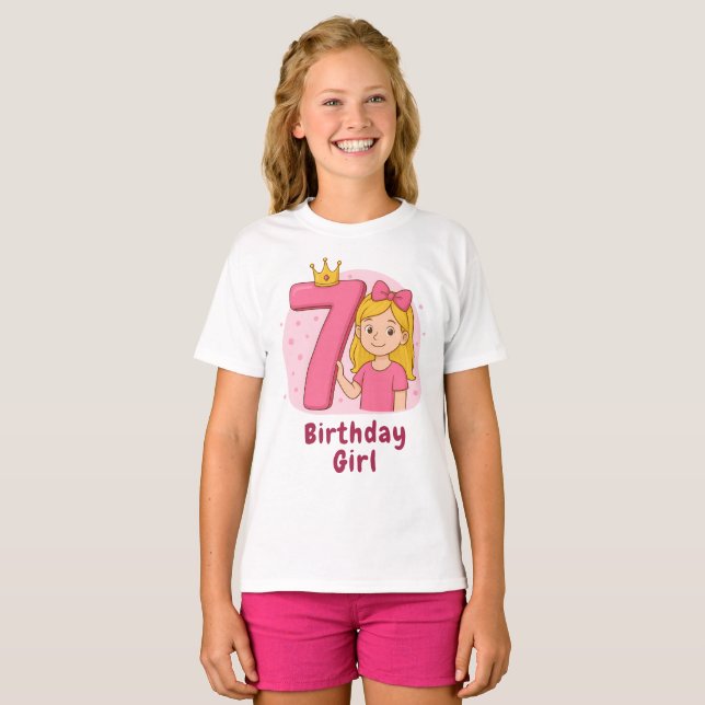T-shirt Rose 7e anniversaire fille avec Couronne et Bow (Devant entier)