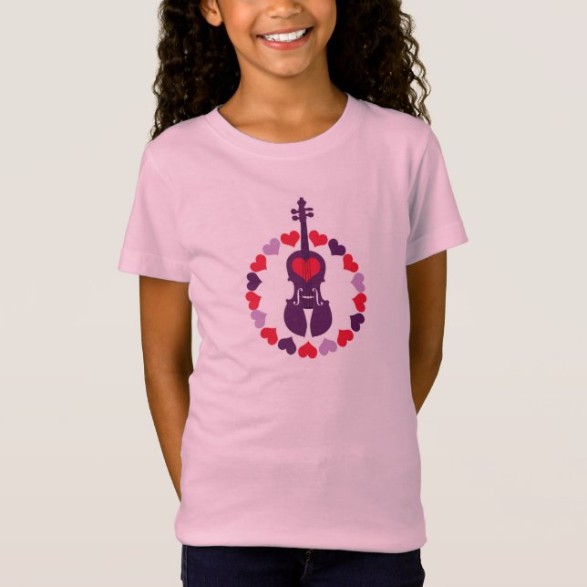 T-shirt rose de violon d'enfants avec des coeurs (Devant)