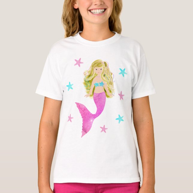 T-shirt rose et bleu d'étoiles de mer de sirène (Devant)