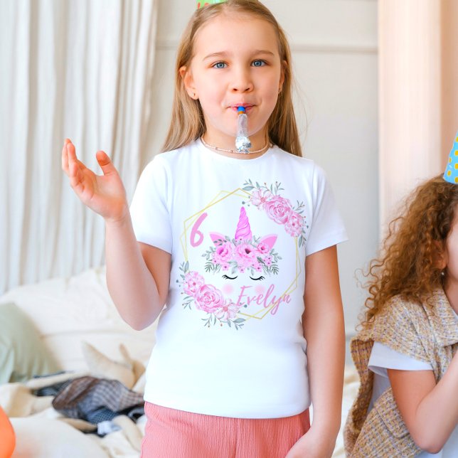 T-shirt rose Floral moderne Unicorne Anniversaire (Créateur téléchargé)