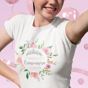 T-shirt Rose Floral Quinceañera Silver Tiara Personnalisé