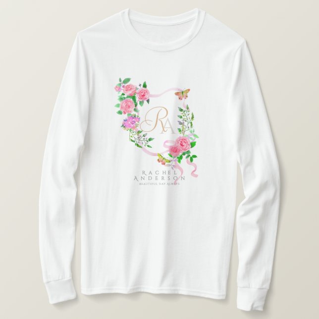 T-shirt Rose rose Ruban Chic Monogramme Blanc (Design devant)