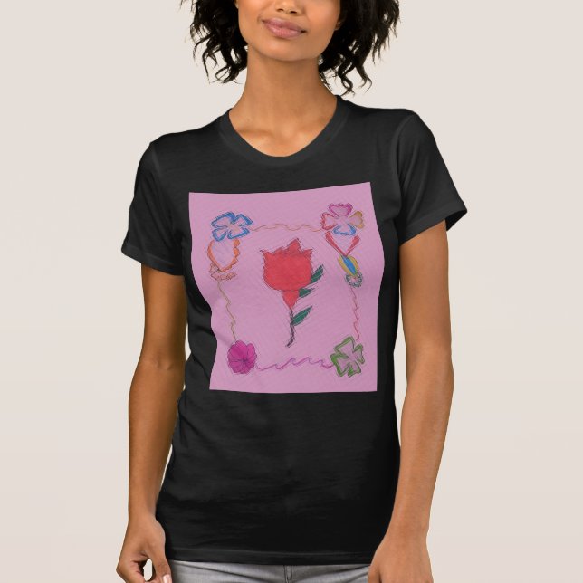 T-shirt Rose rouge sur rose : Art Floral Frontière Imprime (Devant)