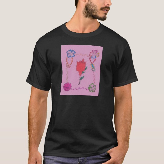 T-shirt Rose rouge sur rose : Art Floral Frontière Imprime (Devant)