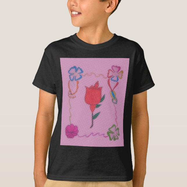 T-shirt Rose rouge sur rose : Art Floral Frontière Imprime (Devant)