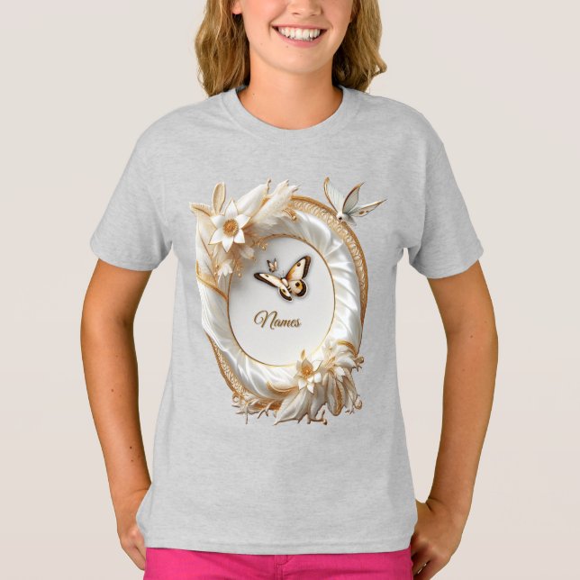 T-shirt Roses d'or blanc, soie de champagne et papillons (Devant)
