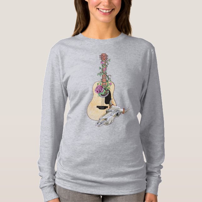 T-shirt Roses du crâne de la vache de guitare occidentale (Devant)