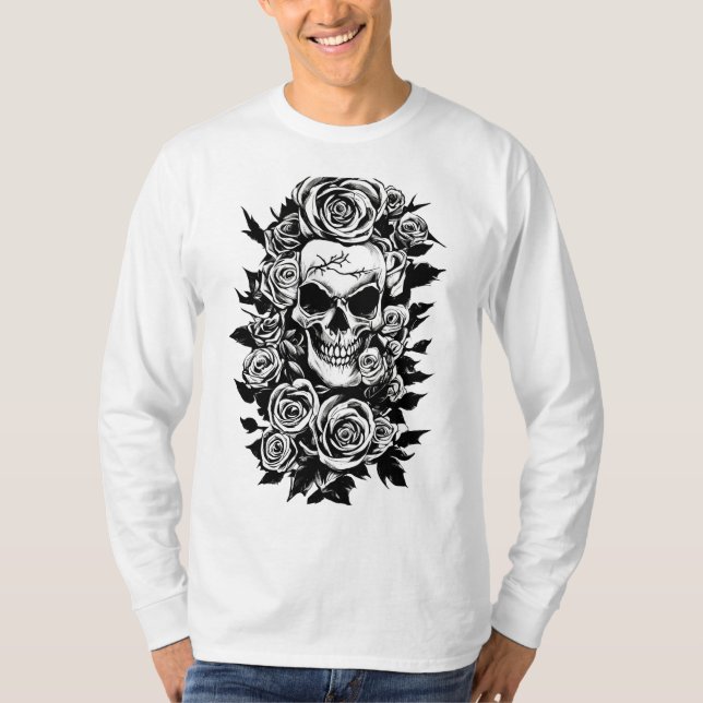 T-shirt Roses du crâne humain Goth Dessin original à l'enc (Devant)