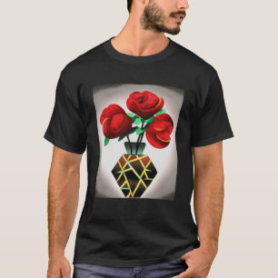 T-shirt Roses Rouge Art Déco Dans Vase Art Abstrait Pullov