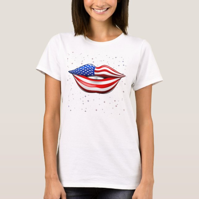T-shirt Rouge à lèvres de drapeau des Etats-Unis sur le (Devant)