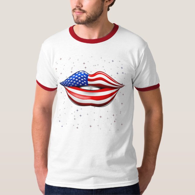 T-shirt Rouge à lèvres de drapeau des Etats-Unis sur le (Devant)