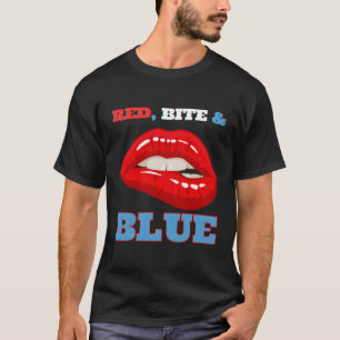 T-shirt Rouge Bite Bleu Fun Lips Bitant La Bouche Baiser