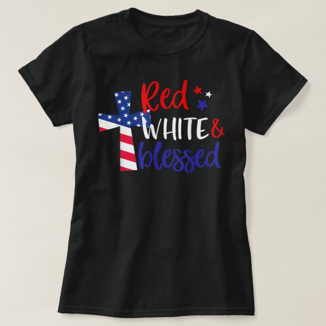 T-shirt Rouge Blanc Béni Américain Jésus Croix Chrétien 4 (Design devant)