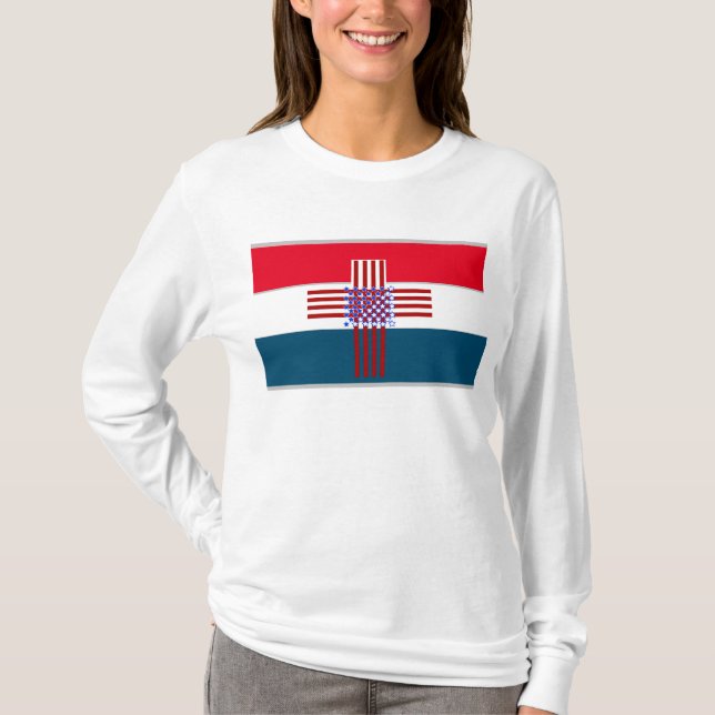 T-shirt Rouge, Blanc, Croix Bleue avec Drapeau (Devant)