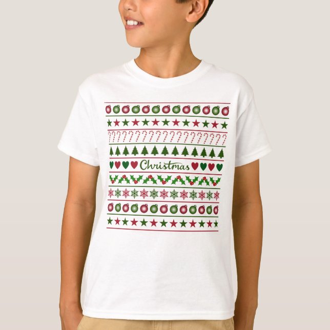 T-shirt Rouge blanc de vert de motif de motifs de Noël (Devant)