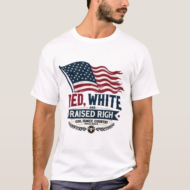 T-shirt Rouge, blanc et élevé droite : Dieu, famille, pays (Devant)