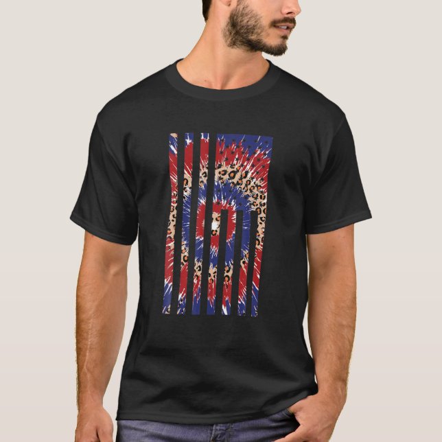 T-shirt Rouge Blanc Léopard Tie Dye Patriotique USA Ameri (Devant)