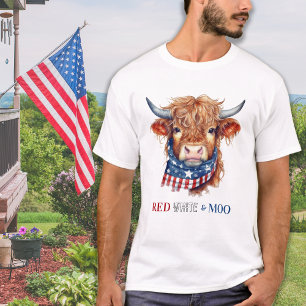 T-shirt Rouge blanc Moo Patriotique Highland Cow 4 juillet