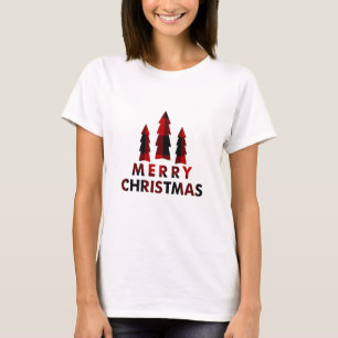T-shirt Rouge Buffalo Carreaux Joyeux Noël Arbres Fêtes