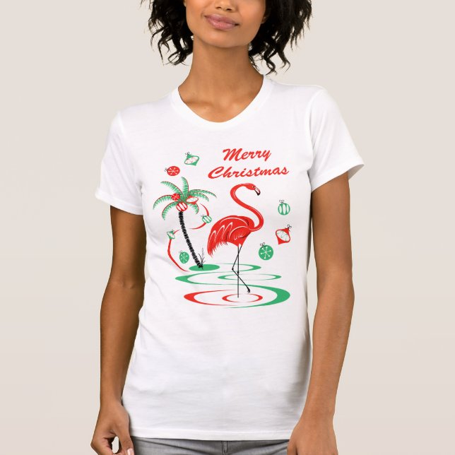 T-shirt rouge de Joyeux Noël de Flamant rose de (Devant)