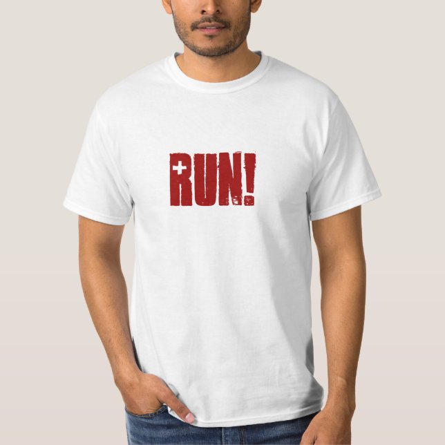 T-shirt rouge drôle "course !" Fonctionnement avec les (Devant)