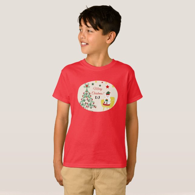 T-shirt Rouge et vert mignon Star Tree Joyeux Noël Enfants (Devant entier)