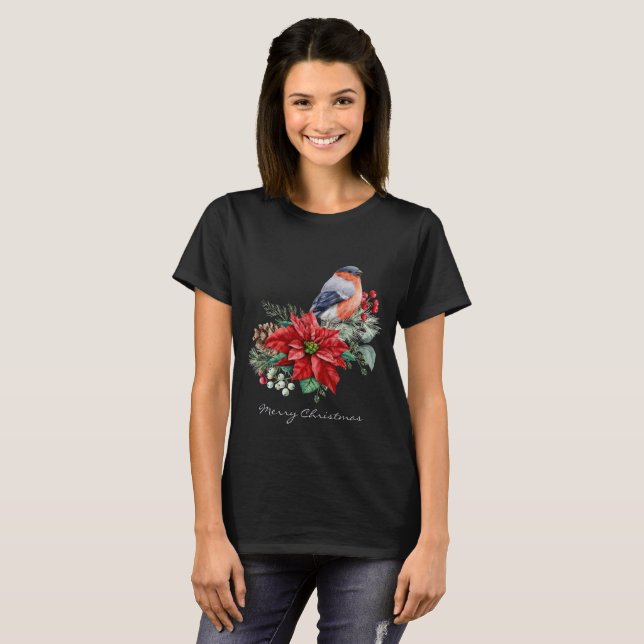 T-shirt Rouge Poinsettia Pine Cône Oiseau Noir Noël (Devant entier)