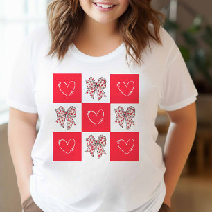 T-shirt Rouge Rétro Coquette Nœud Cœur Carreaux